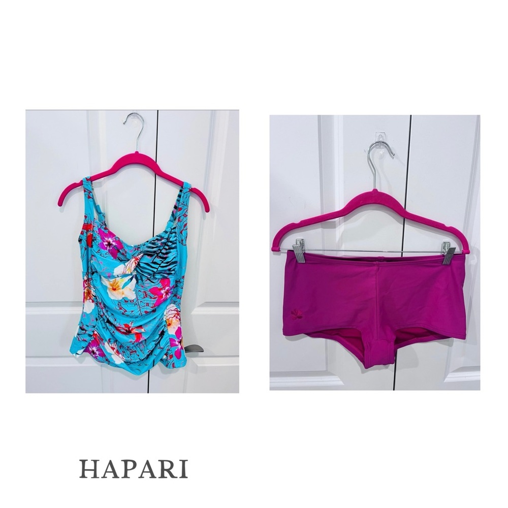 Hapari women’s 12/14 turquoise Floral rouched Tankini Top & Magenta Swim Shorts